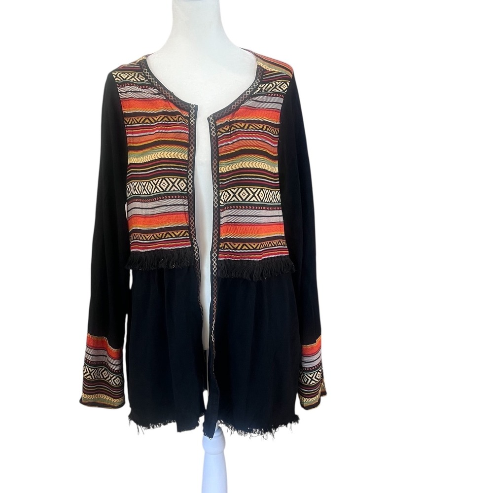 Umgee Southwestern Boho Jacket Linen Open Front‎ Raw Hem Medium